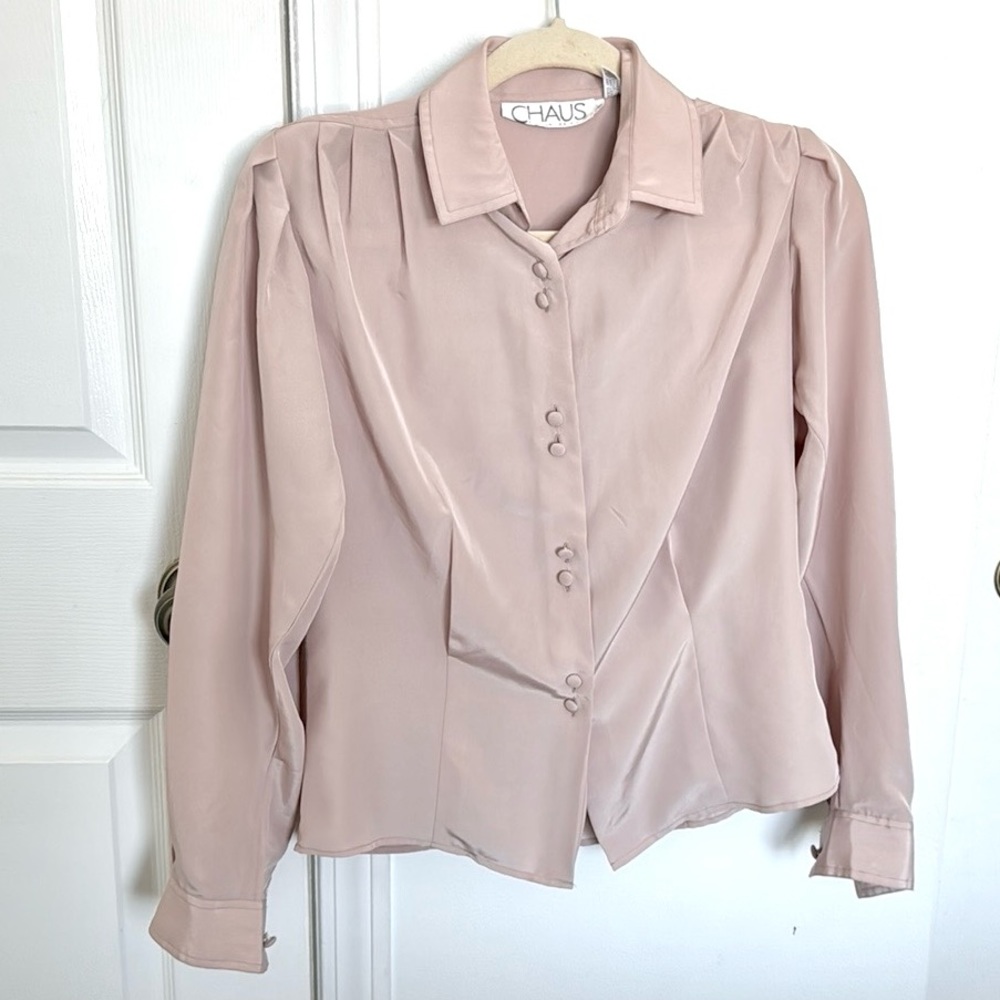 Chaus Blush Pink Button-Down Satin Blouse